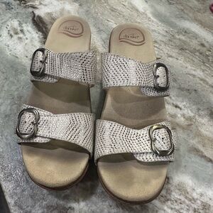 Dansko White/Platinum Animal Print Leather Sandals. Size 39, fits like a size 8